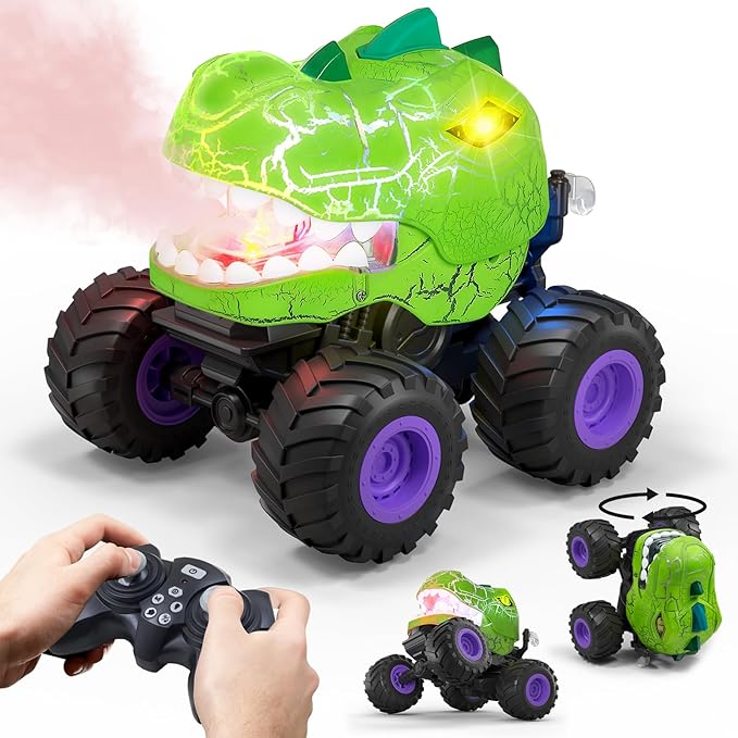 Dinosaur Remote Control Car for Boys 4-7, 360° Rotating Stunt Vehicle, 2.4GHz All Terrain RC Monster Truck Toys with Spray, Light & Sound for Kids 8-12, Birthday Gift for Boys (Green)