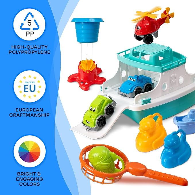 Ferry Boat Kids Bath Toy Set – 17 Pcs Toddler Pool Toys with Stacking Cups, Toy Ferry Boat, Train, 2 Cars & A Helicopter Addition for Fun Water Play, Toddler Bath Toys for 1 Year Old & Up