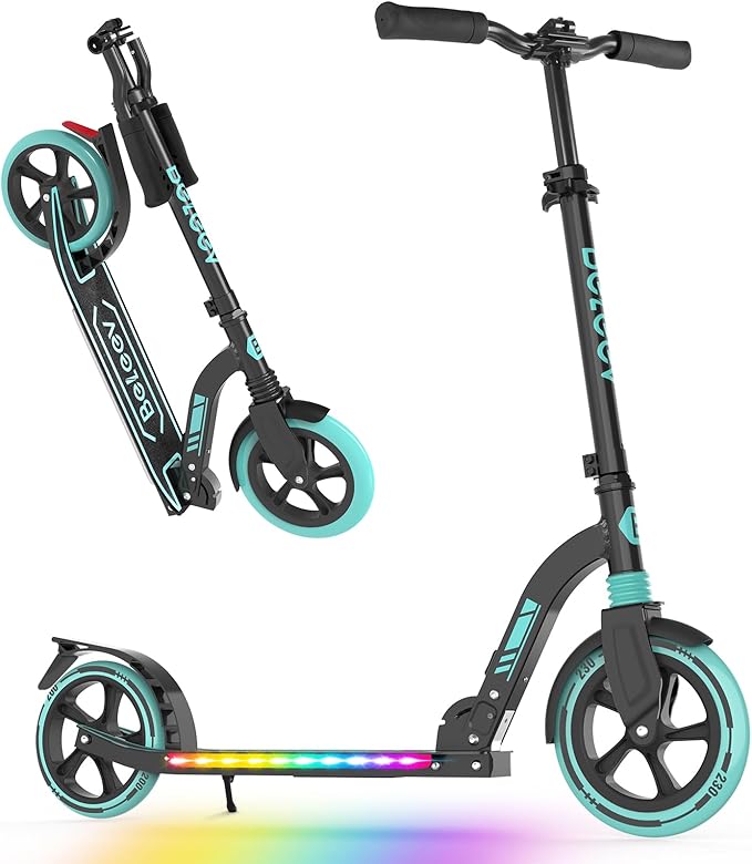 BELEEV V8 Scooters for Kids Ages 6+ with Light-Up Deck, 2 Wheel Folding Scooter for Adults Teens, 4 Adjustable Height, Lightweight Sport Commuter Scooter, Sturdy Frame, Max Load 220 lbs