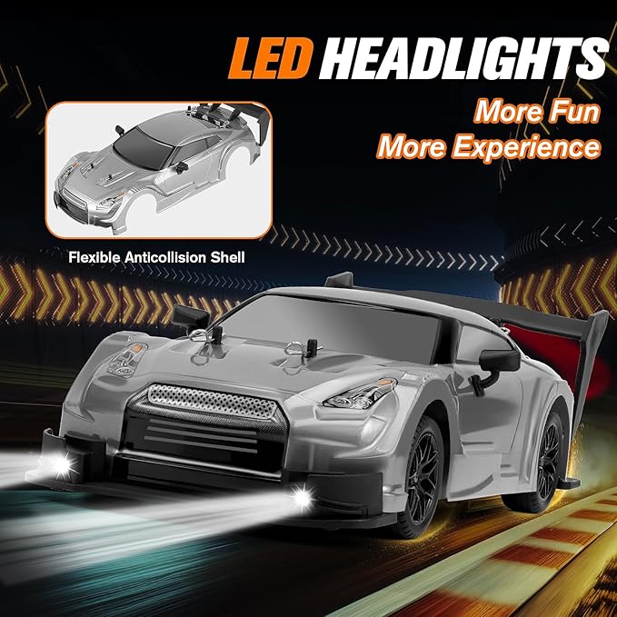 RC Drift Car, 1:16 Scale Drifting RC Cars, 2.4GHz 4WD RC Race Car, 40km/h High-Speed Remote Control Drift Car Vehicle, Racing Sport for Boys Girls Kids - 2 USB Rechargeable Batteries (Silver)