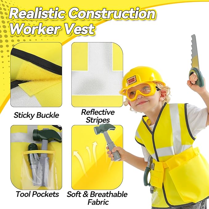 Tool Set for Kids Aged 3 4 5, Toddler Construction Pretend Toys with Worker Vest & Hat, Child Dress up Gift for Boys Girls