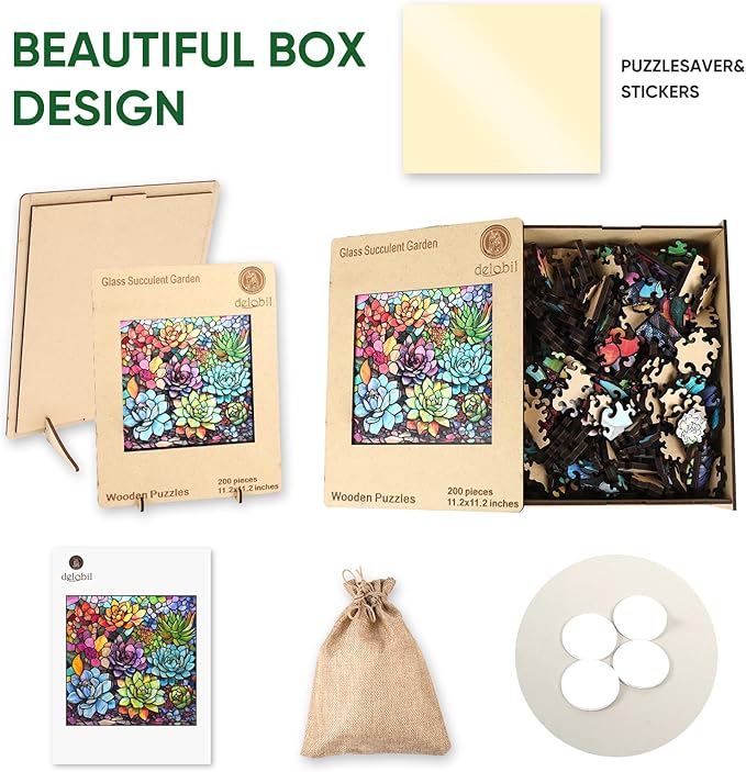 delobi Stained Glass Puzzles for Adults 500 Pieces Succulent Wooden Puzzles, Unique Liberty Challenging Jigsaw Puzzles Gift for Friends Family Game Medium Size 15.9'' x15.9''