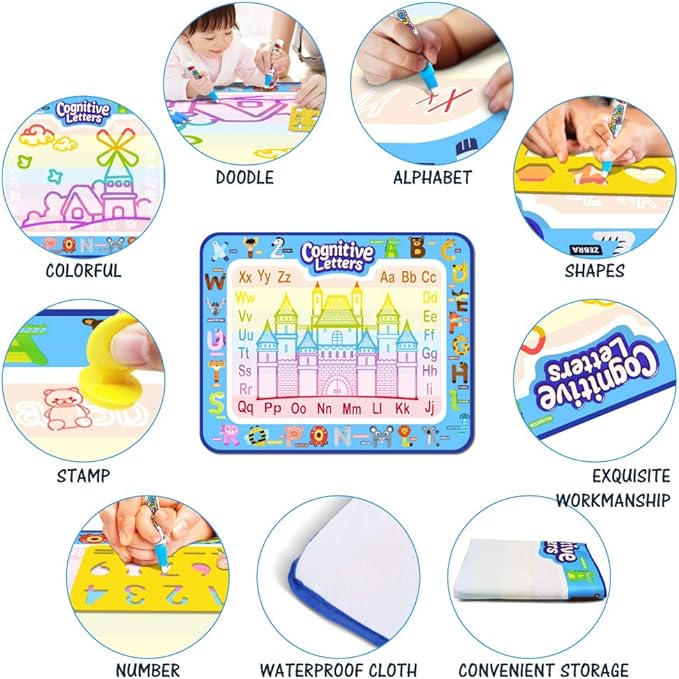 Jasonwell Aqua Water Doodle Mat 40 X 32 Inches Large Magic Drawing Doodling Mat Coloring Mat Educational Toys Christmas Birthday Gifts for Kids Toddler Boys Girls Age 2 3 4 5 6 7 8 Year Old (Alphabet)