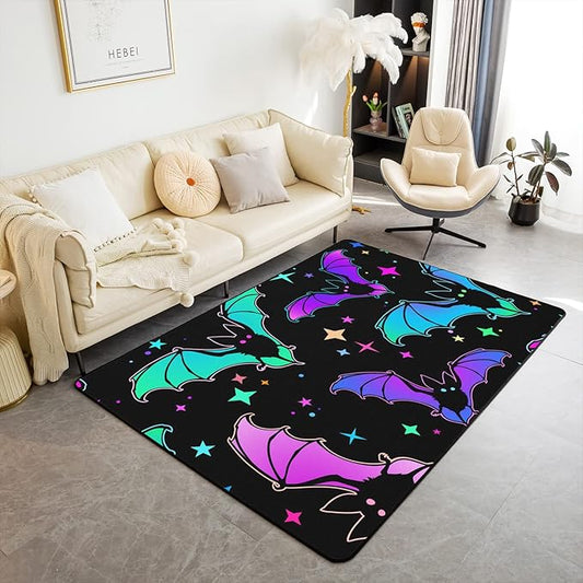 Erosebridal Halloween Bat Rug, Glitter Stars Galaxy Area Rug 3x5 for Kids Child, Halloween Decorations Carpet for Bedside, Halloween Teal Blue Green Purple Non Shedding Decorative Rug