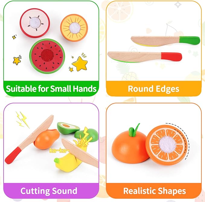 Wooden Play Food Set Toys for Toddlers 1-3, Kids Toy Play Kitchen Accessories, Velcro Cutting Fruits Pretend Food with Storage Boxes, Christmas Birthday Gifts for 1 2 3 Year Old Baby Boys Girls
