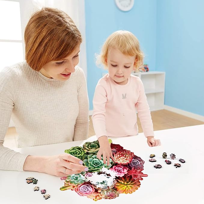 Succulent Bouquet Wooden Puzzles for Adults, 500 Pieces Mandala Round Jigsaw Puzzles, Royal Size Unique Shaped Liberty Wood Puzzle Gift for Kids, Family Game 16.7'' x 16.3''