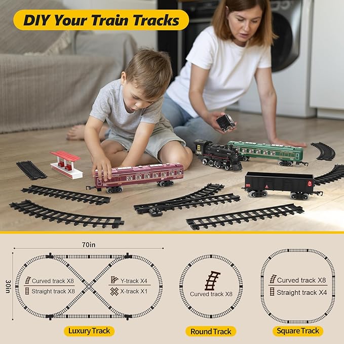 Train Set for Kids, Steam Locomotive Train w/Coal Car,Passenger Coach,Cargo Car & Long Tracks,Electric Train Railway Kits w/Smoke,Lights & Sound,Battery-Powered Train Toys Gift for Boys Girls