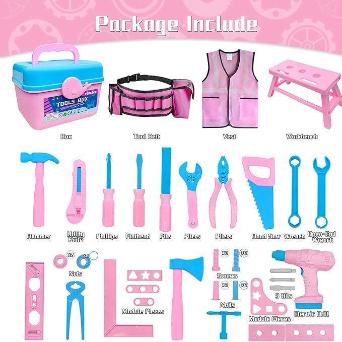 Kids Tool Set 55Pcs Tool Box Toddler Tool Kit for Girls Play Tools Toy with Tool Belt Electronic Toy Drill Safety Vest Pretend Play Construction Toy for Girls Boys Ages 3 4 5 6 7 Years Old