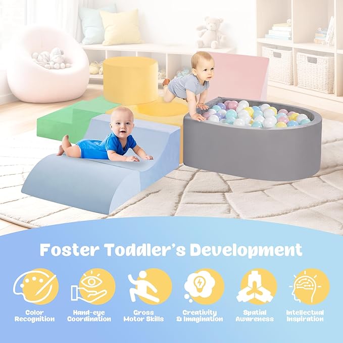 Climbing Toys for Toddlers 1-3 Inside, Baby Foam Climbing Blocks with Ball Pit for Toddlers, 6-Piece Soft Play Climbing Blocks, Indoor Climb Crawl Activity Play Set, Birthday Gift (Balls not Included)