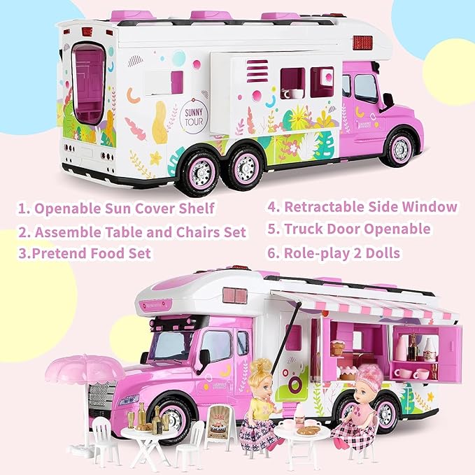 Carox Remote Control Car for Girls Food Truck Toy Playset,Pink Remote Control Food Truck with Food Set, Dolls and Tableware Set,Best Gift for 4-9 Years Old Girls, Birthday (Rose red)