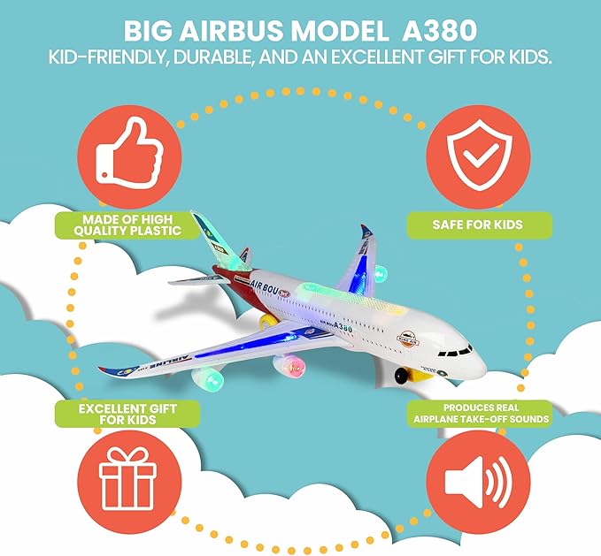 Kidsthrill Airplane Toy with Bump & Go, Flashing Lights & Sounds - For Boys & Girls Age 3-12