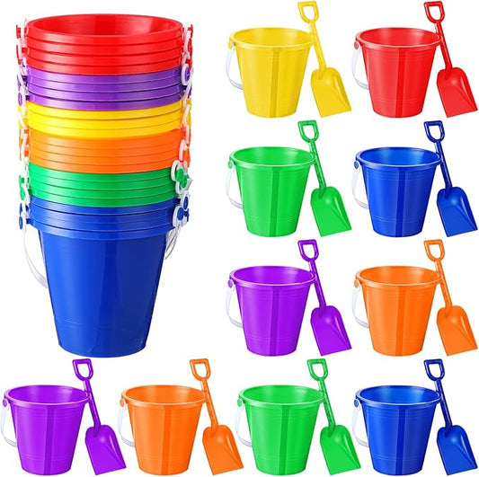 Sratte 24 Packs Beach Sand Buckets and Shovels Sets for Boys Girls, Plastic Beach Pails Sand Toys for Summer Pool Party Favors