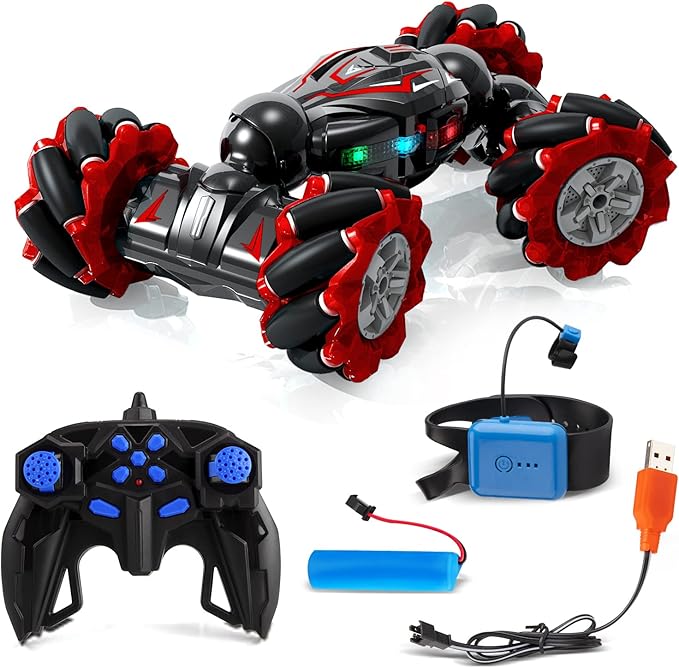 Deejoy 1:12 Red RC Stunt Car, 2.4GHz 4WD Remote Control Gesture Sensor Toy, Double Sided Rotating Off Road Vehicle 360° Flips with Lights Music, Cars for Boys & Girls Birthday