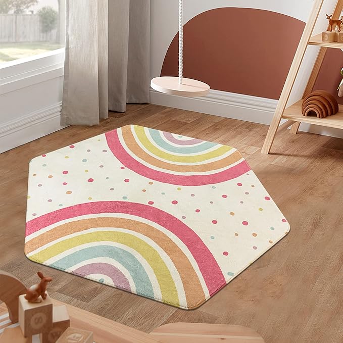 STARUIA Rainbow Rug for Baby Girls Bedroom, 55"x47" Washable Area Rug for Princess Tent Castle, Hexagon Non-Slip Nursery Rug Ultra Soft Play Carpet for Kids Room Playpen Dorm