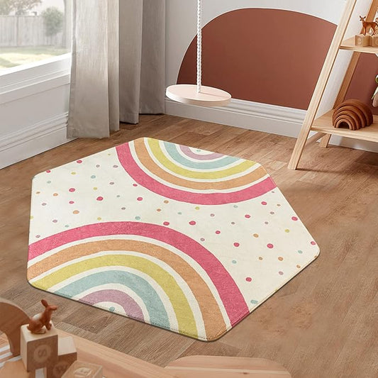 STARUIA Rainbow Rug for Baby Girls Bedroom, 55"x47" Washable Area Rug for Princess Tent Castle, Hexagon Non-Slip Nursery Rug Ultra Soft Play Carpet for Kids Room Playpen Dorm