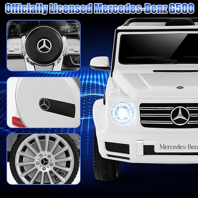 Costzon Ride on Car, Mercedes-Benz G500 Licensed Truck w/Rocking Mode, 3 Speeds, Remote, Horn, Music & LED Lights, Spring Suspension, 12V Battery Powered 4WD G Wagon Electric Vehicle for Kids (White)
