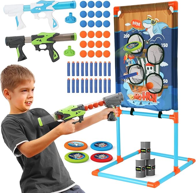 Shooting Games for Kids - 2 Player Air Guns, Shooting Target, 24 Foam Balls, Foam Darts, Oil-Tank Targets, Flying Discs - Shooting Toys Gifts for Boys Kids Adults Age 5 6 7 8 9 10 11 12+
