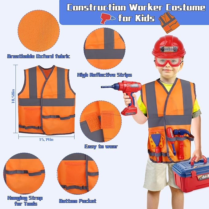 Kids Tool Set, MAGIC4U 49PCS Toddler Tool Set with Electronic Toy Drill,Tape Measure 12 Tool Equipment,Pretend Play Construction Costume with Safety Vest Hat,Toy Tool Box for Kids Boy Girl Age 3-8