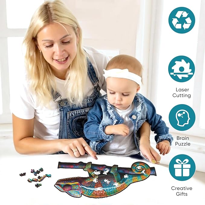 Wooden Puzzles for Adults, Chameleon Jigsaw Puzzles 200 Piece, Unique Shape Puzzles for Adults and Kids, Fun Challenging Puzzles Family Game Gift, Medium Size 15.6 x 7.6 Inches