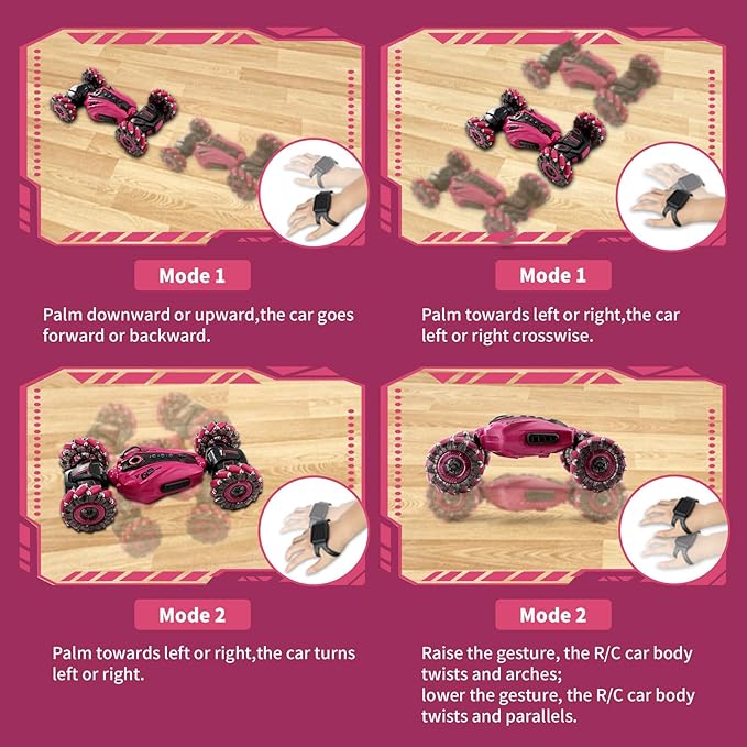 RC Stunt Car, 2.4GHz Remote Control Gesture Sensor Toy Cars, Double Sided Rotating Off Road Vehicle 360° Flips with Cool Lights, Spray， Music，for Boys and Girl 8-12 Year Old（Purplish red）