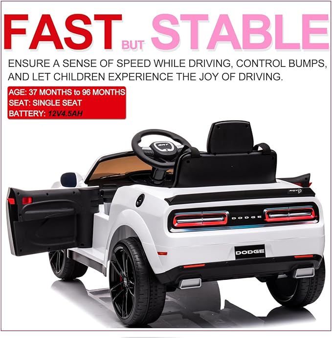 Kids Electric Car | Licensed Dodge Challenger Ride-On 12V Battery-Powered Vehicle with Remote, LED Lights, Bluetooth, MP3 for Boys and Girls, White