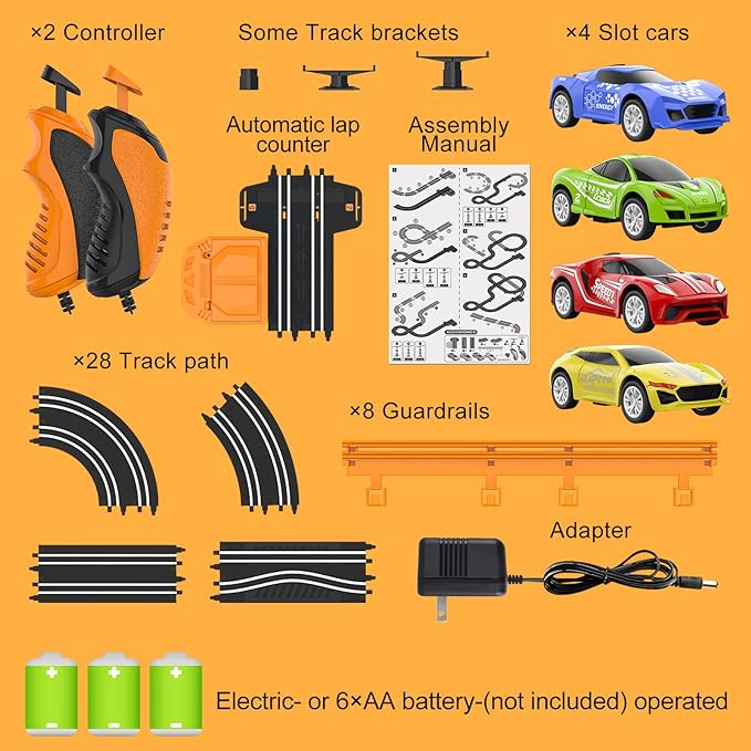 Slot Car Race Track Sets with 4 High-Speed Slot Cars, Battery or Electric Car Track, Dual Racing Game Lap Counter Circular Overpass Track, Gifts Toys for Boys Kids Age 6 7 8-12