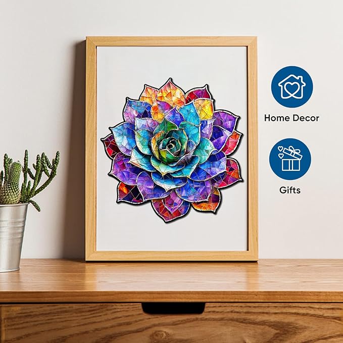 Stained Glass Succulent Wooden Puzzles for Adults, 500 Pieces Mandala Jigsaw Puzzles, Unique Shaped Royal Size Wood Puzzle Gift for Kids, Family Game 16.4'' x 16.7''