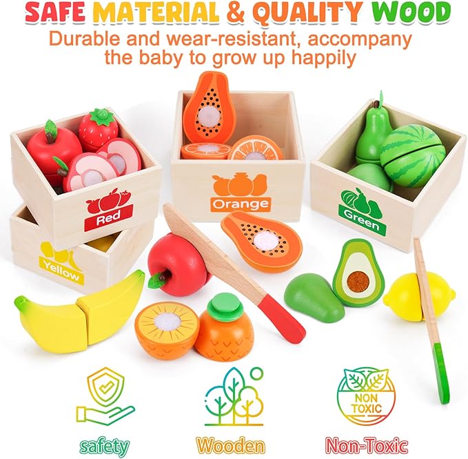Wooden Play Food Set Toys for Toddlers 1-3, Kids Toy Play Kitchen Accessories, Velcro Cutting Fruits Pretend Food with Storage Boxes, Christmas Birthday Gifts for 1 2 3 Year Old Baby Boys Girls