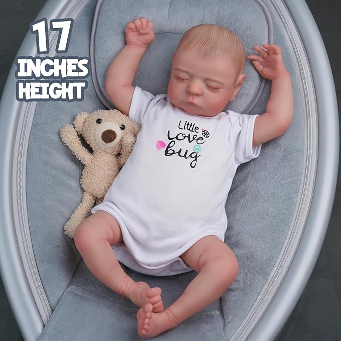 ADFO Lifelike Reborn Baby Dolls Boy - 17 Inch Real Baby Feeling Realistic-Newborn Sweet Smile Sleeping Dolls Handmade Life Baby Dolls with Accessories Gift Set for Kids Age 3 +
