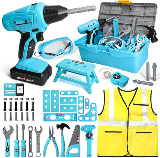 LOYO Kids Tool Set - 50 PCS Pretend Play Kids Toy Tool Box with Kids Construction Vest and Electronic Toy Drill Set for Toddlers Boys Ages 3 , 4, 5, 6, 7 Years Old Christmas Birthday Gift (Blue)