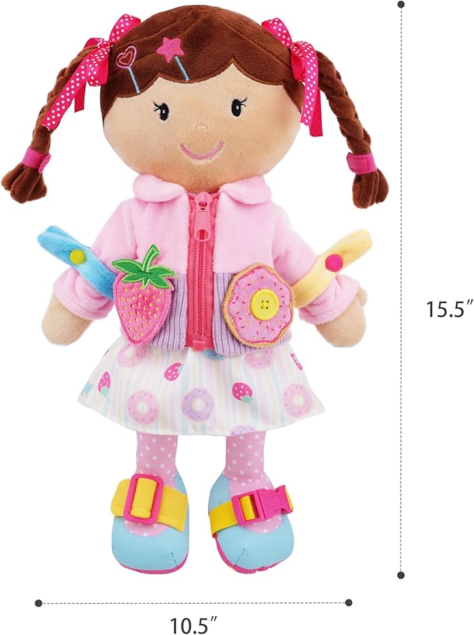 June Garden 15.5" Dressy Friends Daisy - Educational Stuffed Plush Doll for Kids and Toddlers 2 Years and Up - Montessori Buckle Soft Toy