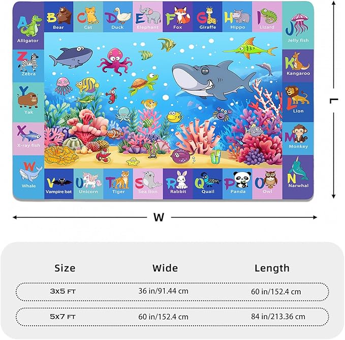 Alphabet Play Rugs for Kids Playroom, Under Ocean Sea Boys ABC Rug for Living Room 3x5 Educational Game Mat Kids Bedroom Carpet for Indoor Beach Animals Classroom Play Mat Blue Decor