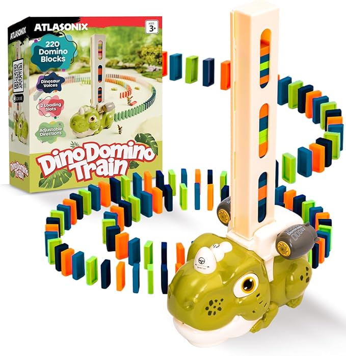 Atlasonix Domino Train, Domino Train for Kids, Automatic Set for Kids, 3 Year Old Boy Gift, Montessori Toys, Fun, Educational Toys, Birthday Present for 3-5 Year, 220 Blocks Dinosaur