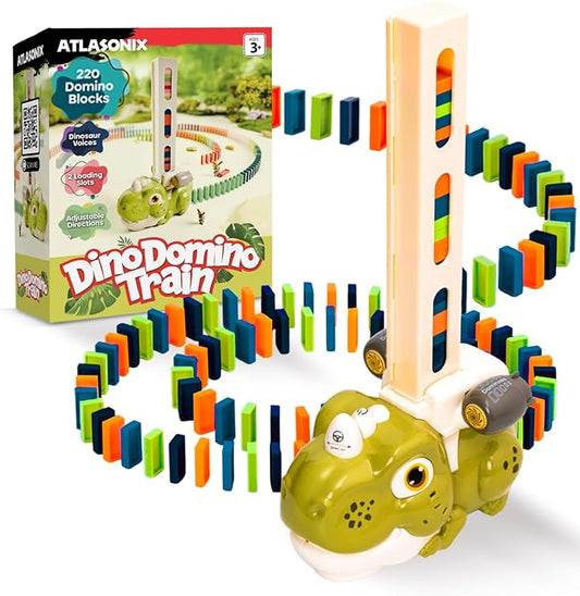 Atlasonix Domino Train, Domino Train for Kids, Automatic Set for Kids, 3 Year Old Boy Gift, Montessori Toys, Fun, Educational Toys, Birthday Present for 3-5 Year, 220 Blocks Dinosaur