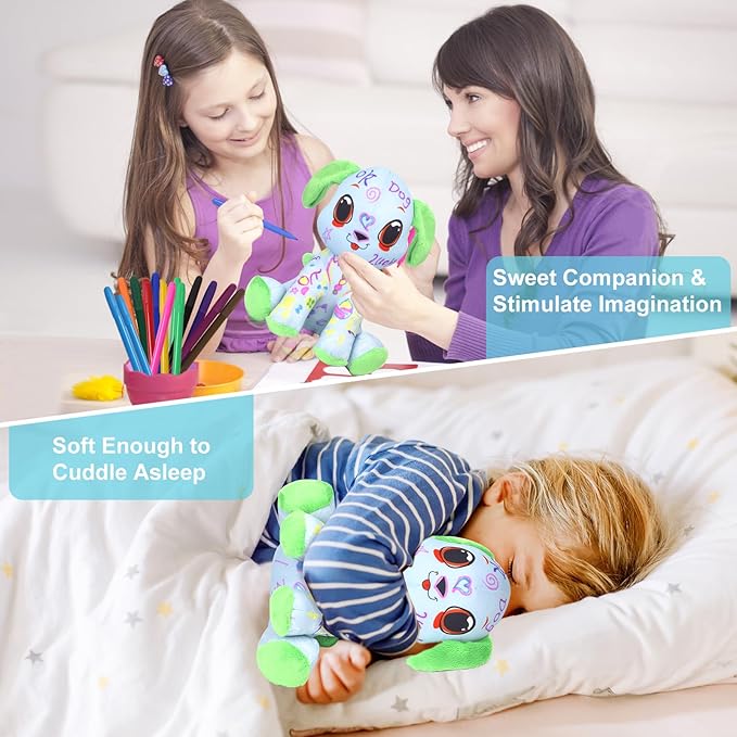 Coloring Plush Toy with 12 Washable Markers for Little Girls Doodle Dolls Arts and Crafts Soft DIY Washable Doodle Stuffed Animal Toy for Kids Ages 4-6 Birthday (Green Puppy)