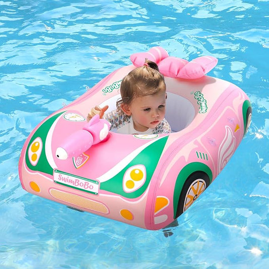 Swimbobo Toddler Pool Float Pink Inflatable Airplane Car Baby Swim Float with Water Gun and Safety Seat Pool Toys for Kids 3+ Years Old