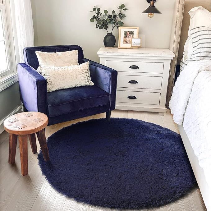 Dark Navy Round Rugs 5Ft for Teen Boys Bedroom, Washable Fluffy Shag Fuzzy Plush Circle Area Rug for Kids Room, Living Room Decor Aesthetic, Indigo Furry Cool Dark Blue Carpet for Dorm Baby Nursery