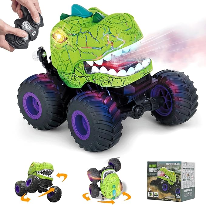 Dinosaur Remote Control Car, 360° Rotating RC Stunt Car Dinosaur Monster Truck Toys with Spray, Light & Sound,2.4GHz All Terrain Indoor/Outdoor Toys for Kids 3-12 Christmas & Birthday (Green)