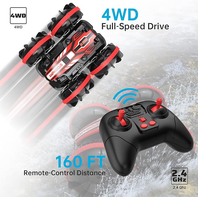 qida Toys for 6-12 Year Old Boys Amphibious Remote Control Car for Kids 2.4 Ghz RC Boat 4WD Waterproof Monster Truck Outdoor RC Vehicle Off Road Stunt Car Birthday Gift Water Beach Pool Toys(Red)