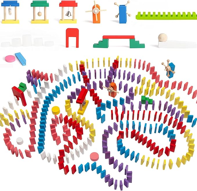 Joqutoys 600 PCS Dominoes Set for Kids, Wooden Domino Building Blocks, 6 Colors Bulk Dominoes Racing Tiles Games with Extra 26 Add-on Blocks and Storage Bag, Educational Toys for Kids Birthday Party