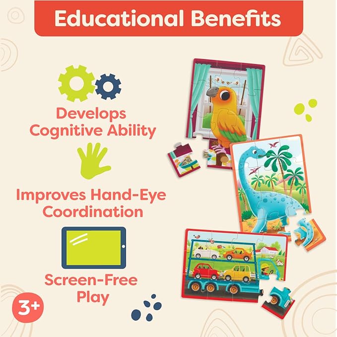 B. toys- Pack o' Puzzles 3-Pack - Pets, Dinos & Trucks- Wooden Puzzle Box Set – 3 Puzzle Boxes, 12 Puzzles – 4 Dinos, 4 Pets, 4 Trucks – 12-Piece Jigsaw Puzzles for Kids – 3 Years +