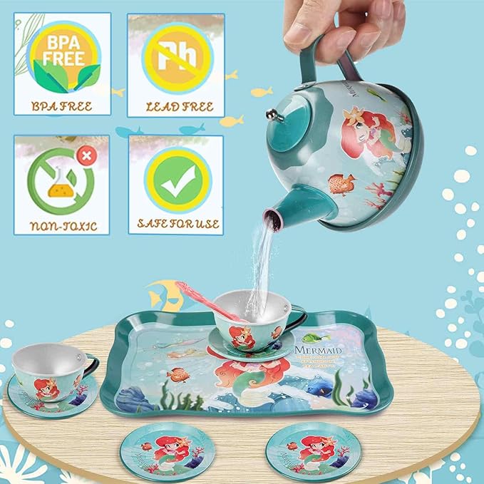 Mermaid Tea Party Set for Little Girls, Kids Party Set Toys for 3 4 5 6 Year Old Girls, Pretend Toy Tin Tea Set & Carrying Case, Princess Tea Time Kitchen Play Toys, Birthday Gifts for Girls