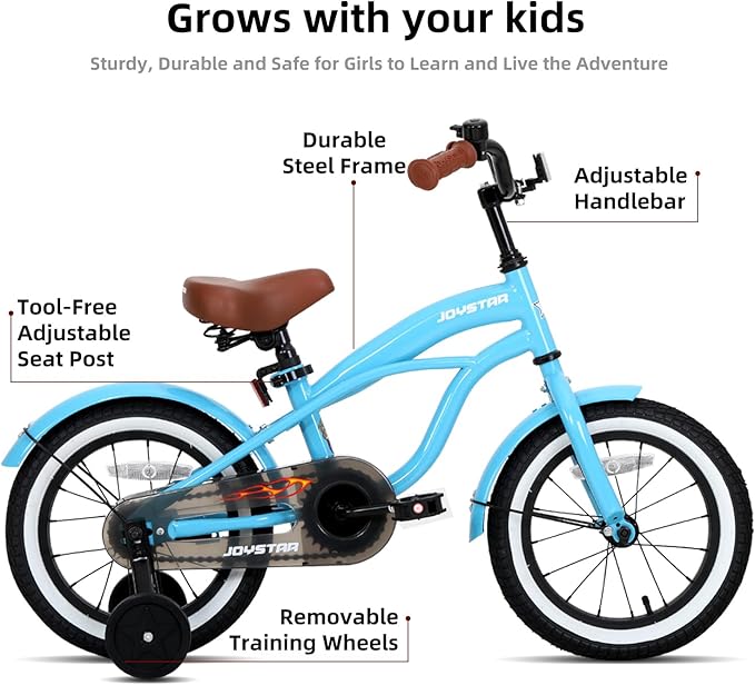 JOYSTAR 12 14 16 Inch Kids Cruiser Bike for Ages 2-7 Years Old Girls & Boys, Children's Bicycle with Training Wheels, Coaster Brake, Fenders & Adjustable Seat