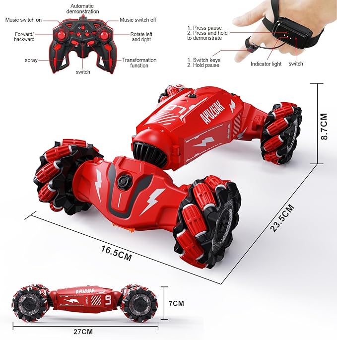 Upgraded Hand Gesture Sensing RC Stunt Car with Lights Music, Spray Drift RC Car 360 Spins All Terrains Hand Controlled Toy for 6-10 Year Old Boys