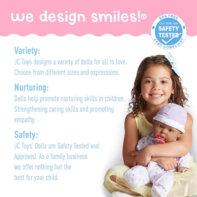 JC Toys - La Baby - Hispanic 20-inch Large Soft Body Baby Doll - Washable - Removable Purple Outfit with Hat and Pacifier - For Children 2 Years and up