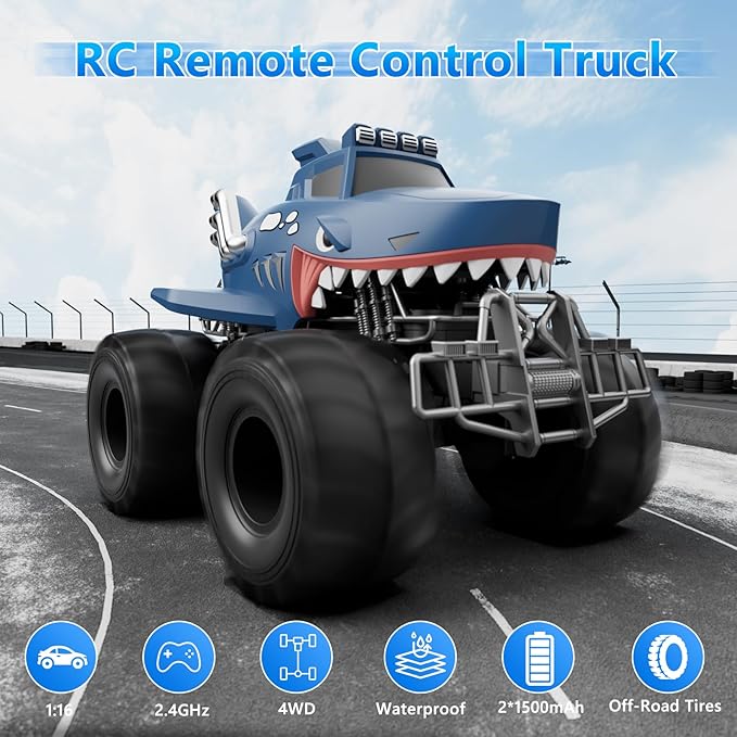 MUYOLO Remote Control Shark Truck, 1:16 Rc Monster Car with 2 Batteries 2.4GHz 4WD Off-Rock All Terrain Waterproof Amphibious Toys, for Christmas Birthday Gifts Presents Kids Boys Girls Ages 6+