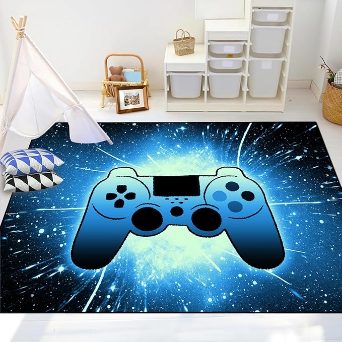 Gaming Rug for Gamer Game Room Boys Gamer Theme Carpets, Blue Galaxy Game Loading Gamepad Printed Floor Rugs for Bedroom Living Room Mat Sofa Mats,3'×5'