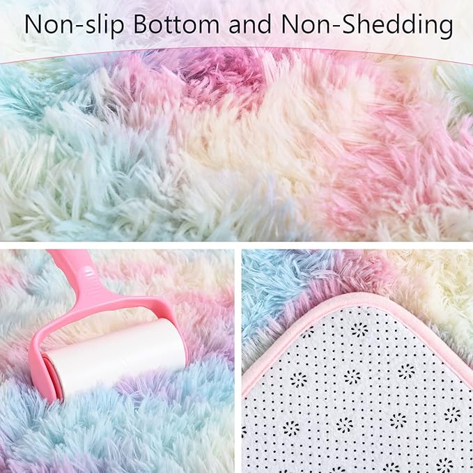 AROGAN Soft Rainbow Area Rugs for Girls Room 4x6 Feet, Fluffy Girls Bedroom Rugs, Princess Rug, Cute Colorful Carpet for Kids Teens Nursery Toddler, Pink