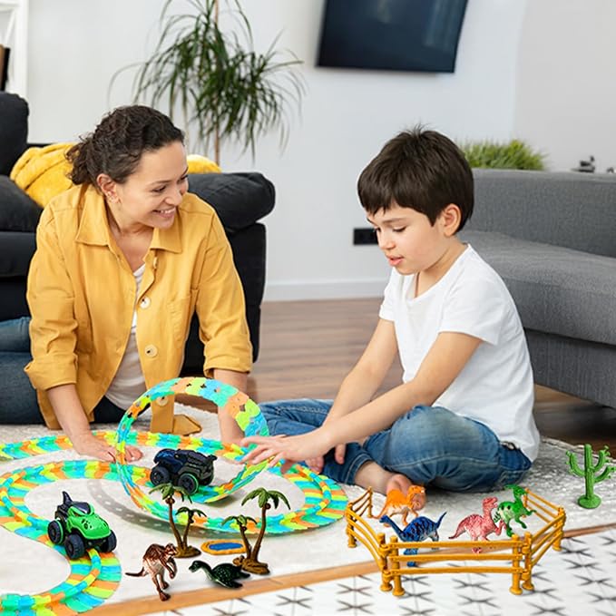 APEO Dinosaur Train Set for Kids Ages 4-8 Dinosaur Toys for Kids 3-5 Race Tracks for Kids Ages 3-5 Contains Glow Race Tracks and LED Toy Cars Car Tracks Gifts for 4 Year Old Boys
