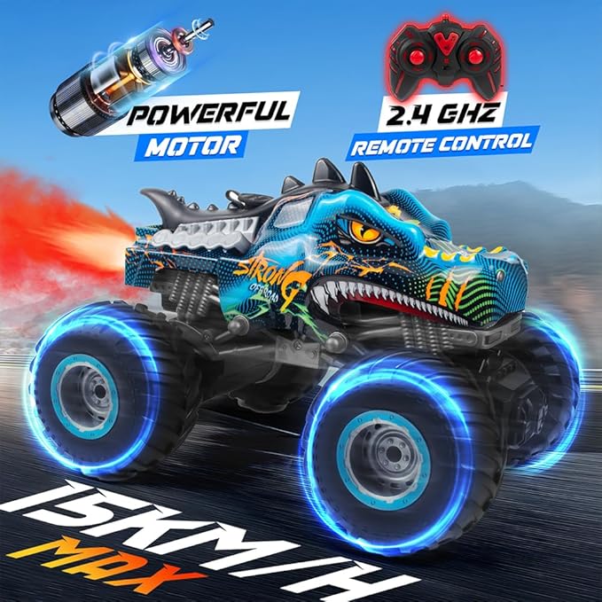 Remote Control Dinosaur Car, 2.4GHz All Terrain Remote Control Monster Truck, RC Dinosaur Monster Car, Spray Music Monster Truck RC Cars for Boys 4-7 8-12 and Girls